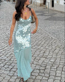 Niulatu Mermaid Spaghetti Straps Chiffon Sequin Long Prom Dresses Formal Dress HZ1110