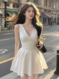Niulatu A Line V Neck White Satin Pleated Short Homecoming Dress 19th Birthday Outfits HZ1110