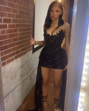 Niulatu 22th Black Mermaid Strapless Tulle Lace Sequin Short Homecoming Dress Birthday Outfits HZ1110