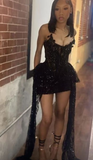 Niulatu 22th Black Mermaid Strapless Tulle Lace Sequin Short Homecoming Dress Birthday Outfits HZ1110