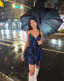 Niulatu A Line Strapless Navy Satin Short Homecoming Dress 19th Birthday Outfits HZ1110