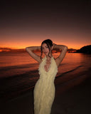 Niulatu Mermaid Halter Pastel Yellow Chiffon Ruffles Long Prom Dresses Formal Dress HZ1110