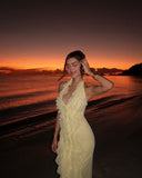 Niulatu Mermaid Halter Pastel Yellow Chiffon Ruffles Long Prom Dresses Formal Dress HZ1110