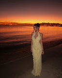 Niulatu Mermaid Halter Pastel Yellow Chiffon Ruffles Long Prom Dresses Formal Dress HZ1110