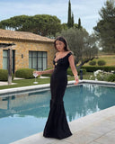 Niulatu Mermaid Off The Shoulder Black Satin Long Prom Dresses Formal Dress HZ1110