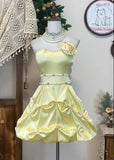 Niulatu Yellow A Line Strapless Satin Beads With Flower Short Homecoming Dress 17th Birthday Outfits HZ1110