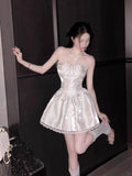 Niulatu A Line Strapless Satin Lace Short Homecoming Dress 16th Birthday Outfits HZ1110