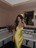 Niulatu Yellow Mermaid Spaghetti Straps Satin Long Prom Dresses Formal Dress HZ1110