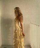 Niulatu A Line Strapless Chiffon Printed Tiered Long Prom Dresses Formal Dress HZ1110