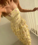 Niulatu A Line Strapless Chiffon Printed Tiered Long Prom Dresses Formal Dress HZ1110
