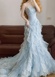 Niulatu A line Strapless Pale Blue Chiffon Lace Beads Long Prom Dresses Formal Dress HZ1110