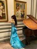 Niulatu Mermaid Sapghetti Straps Blue Satin Tulle Sequin Long Prom Dresses Formal Dress HZ1110