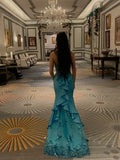 Niulatu Mermaid Sapghetti Straps Blue Satin Tulle Sequin Long Prom Dresses Formal Dress HZ1110