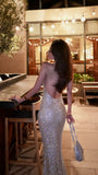 Niulatu Mermaid Halter Sequin Backless Long Prom Dresses Formal Dress HZ1110