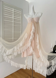 Niulatu A Line Spaghetti Straps Chiffon Tulle Ruffles Long Prom Dresses Formal Dress HZ1110