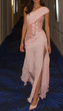 Niulatu Pink Mermaid One Shoulder Chiffon Sequin Slit Long Prom Dresses Formal Dress HZ1110