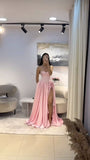 Niulatu A Line Strapless Pink Satin Beads With Slit Long Prom Dresses Formal Dress HZ1110