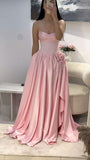 Niulatu A Line Strapless Pink Satin Beads With Slit Long Prom Dresses Formal Dress HZ1110