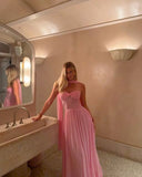 Niulatu A Line Strapless Sweetheart Chiffon Long Prom Dresses Formal Dress HZ1110