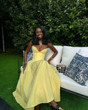 Niulatu A Line Strapless Yellow Satin Long Prom Dresses Formal Dress HZ1110