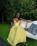 Niulatu A Line Strapless Yellow Satin Long Prom Dresses Formal Dress HZ1110
