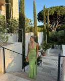 Niulatu Mermaid Halter Green Satin Long Prom Dresses Formal Dress HZ1110