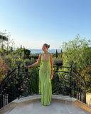 Niulatu Mermaid Halter Green Satin Long Prom Dresses Formal Dress HZ1110