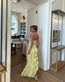 Niulatu A Line Strapless Satin Chiffon Ruffles Slit Long Prom Dresses Formal Dress HZ1110