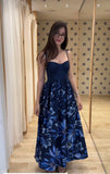 Niulatu A Line Spaghetti Straps Satin Printed Flower Long Prom Dresses Formal Dress HZ1110