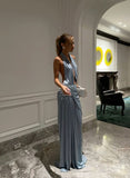 Niulatu Mermaid Halter Satin Pleated Long Prom Dresses Formal Dress HZ1110