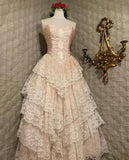 Niulatu Ball Gown Strapless Satin Lace Tiered Long Prom Dresses Formal Dress HZ1110