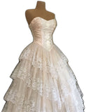 Niulatu Ball Gown Strapless Satin Lace Tiered Long Prom Dresses Formal Dress HZ1110