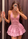 Niulatu A Line Halter Pink Satin Short Homecoming Dress 19th Birthday Outfits HZ1110