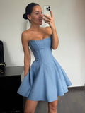 Niulatu A Line Strapless Blue Satin Short Homecoming Dress 21th Birthday Outfits HZ1110