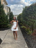 Niulatu A Line Strapless White Satin Beads Short Homecoming Dress 17th Birthday Outfits HZ1110