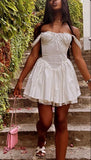 Niulatu A Line Off The Shoulder White Satin Lace Short Homecoming Dress 17th Birthday Outfits HZ1110