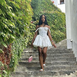 Niulatu A Line Off The Shoulder White Satin Lace Short Homecoming Dress 17th Birthday Outfits HZ1110