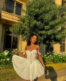 Niulatu A Line Off The Shoulder White Satin Short Homecoming Dress 20th Birthday Outfits HZ1110
