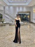 Niulatu Mermaid Strapless Satin Sequin Slit Long Prom Dresses Formal Dress HZ1110