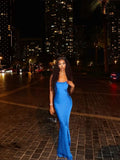 Niulatu Mermaid Spaghetti Straps Blue Satin Long Prom Dresses Formal Dress HZ1110