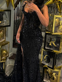 Niulatu Mermaid Strapless Black Satin Sequin Beads Slit Long Prom Dresses Formal Dress HZ1110