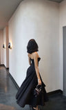 Niulatu A Line Strapless Black Satin Long Prom Dresses Formal Dress HZ1110