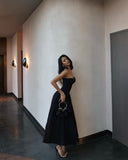 Niulatu A Line Strapless Black Satin Long Prom Dresses Formal Dress HZ1110