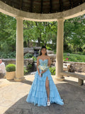Niulatu Blue A Line Sweetheart Satin Chiffon Tiered Slit Long Prom Dresses Formal Dress HZ1110
