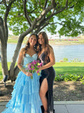 Niulatu Blue A Line Sweetheart Satin Chiffon Tiered Slit Long Prom Dresses Formal Dress HZ1110
