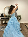 Niulatu Blue A Line Sweetheart Satin Chiffon Tiered Slit Long Prom Dresses Formal Dress HZ1110