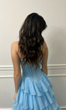 Niulatu Blue A Line Sweetheart Satin Chiffon Tiered Slit Long Prom Dresses Formal Dress HZ1110