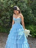 Niulatu Blue A Line Sweetheart Satin Chiffon Tiered Slit Long Prom Dresses Formal Dress HZ1110