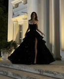 Niulatu A Line Strapless Black Satin Sequin Slit Long Prom Dresses Formal Dress HZ1110
