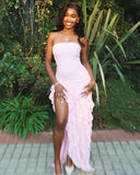 Niulatu Mermaid Strapless Satin Chiffon Ruffles Slit Long Prom Dresses Formal Dress HZ1110